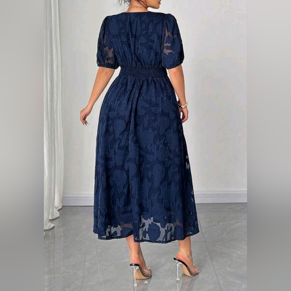New Chic Sheer Textured Lace Midi Dress PLUS Puffed Sleeve Navy Blue - Picture 5 of 14
